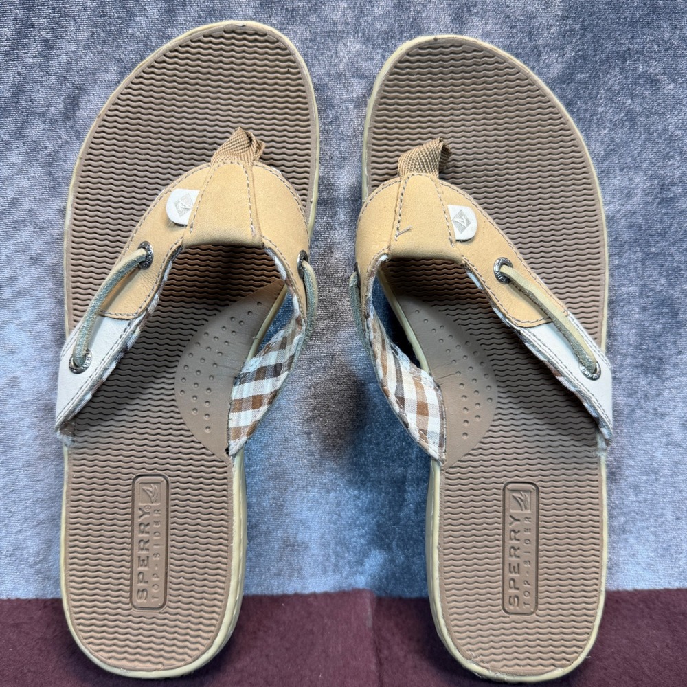 Sperry Flip Flop Sandals Womens Tan Regular Size 7M Thong Plaid Nautical Summer